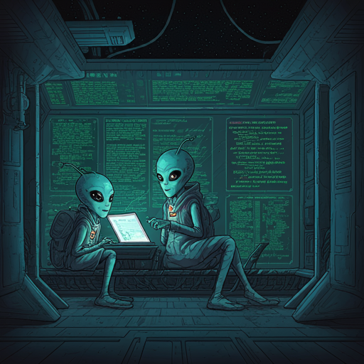 Image of aliens coding on a spaceship